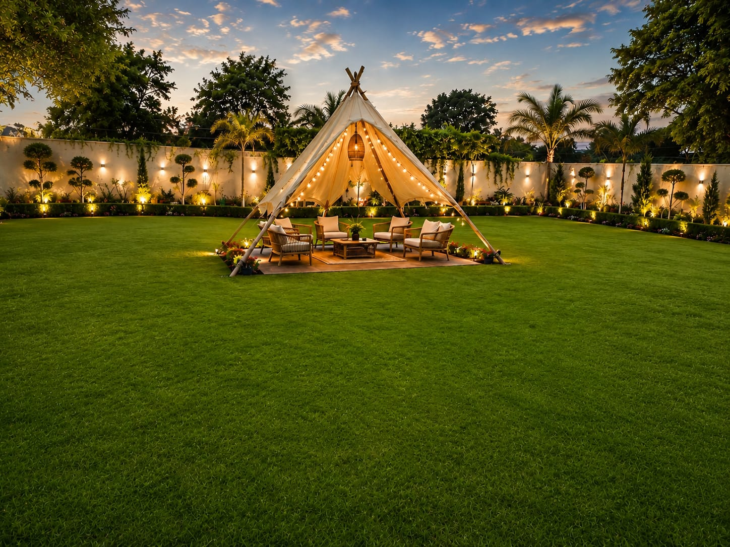 A softly lit evening tent on the lawn — a space for small celebrations and family dinners.