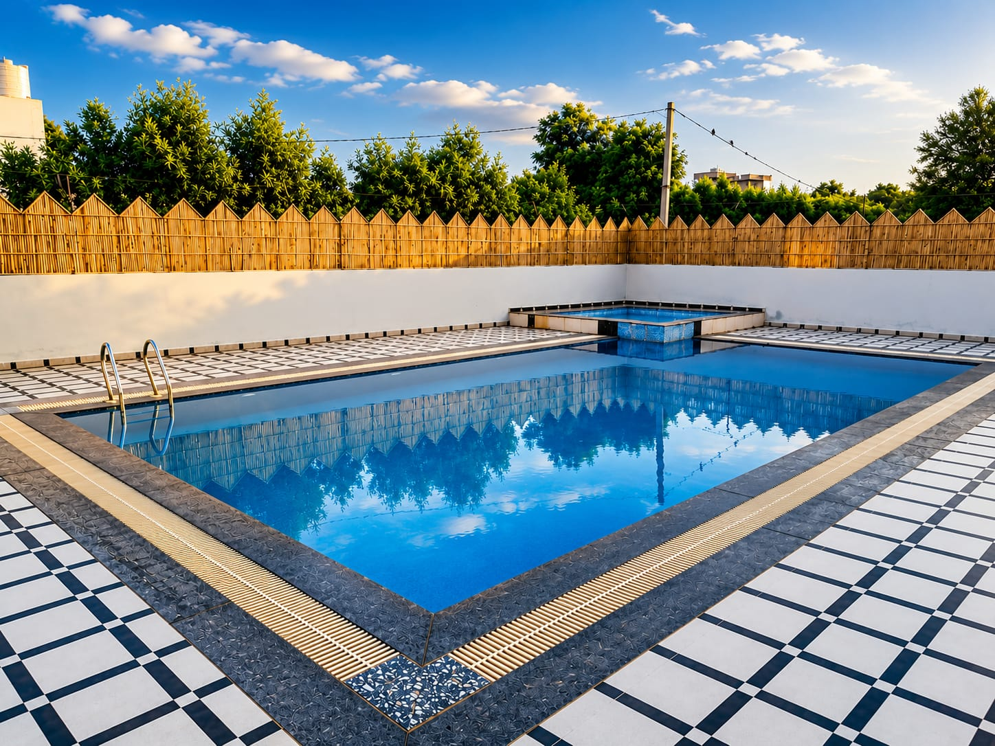 Swimming pool on a bright afternoon, framed by patterned tile decking and a bamboo screen.